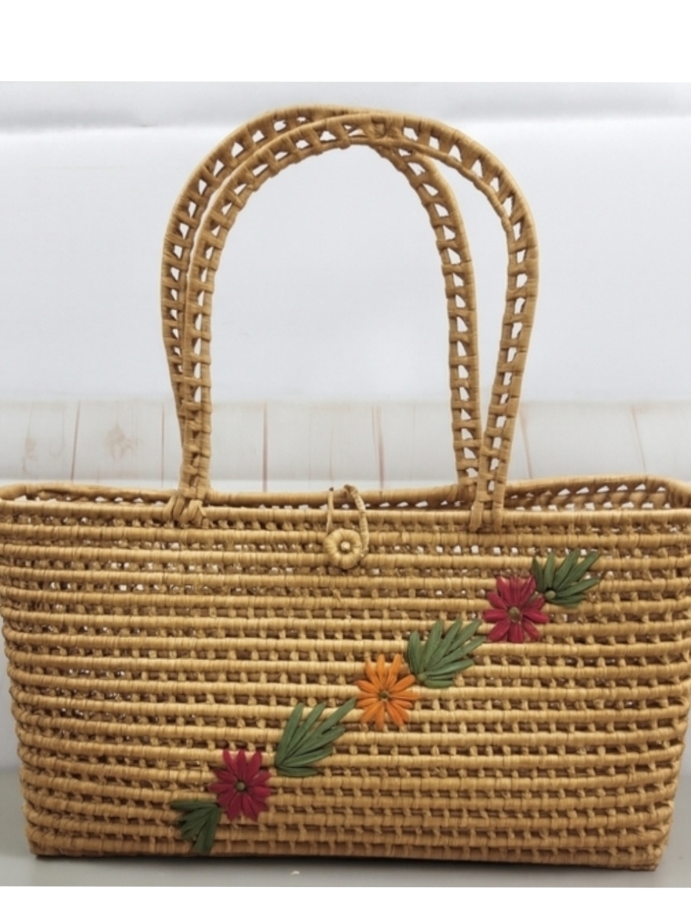 Vintage-Inspired Boho Preppy Handwoven Rattan Tote Bag with Floral Accents Tan